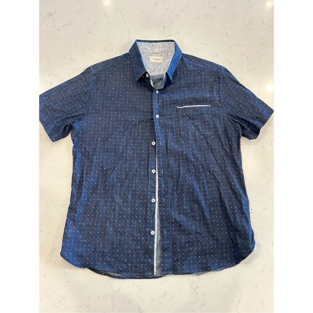 7 diamonds men’s short sleeve button up shirt navy blue pink polka dot large